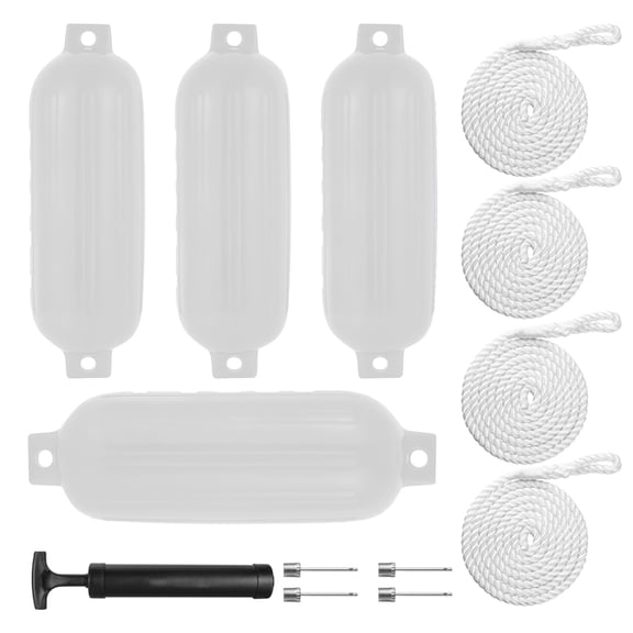 10 x 30 Inch Boat Fenders 4 Pack, Heavy Duty PVC Inflatable Bumpers, Complete Docking Kit with Ropes and Inflation Pump(White)