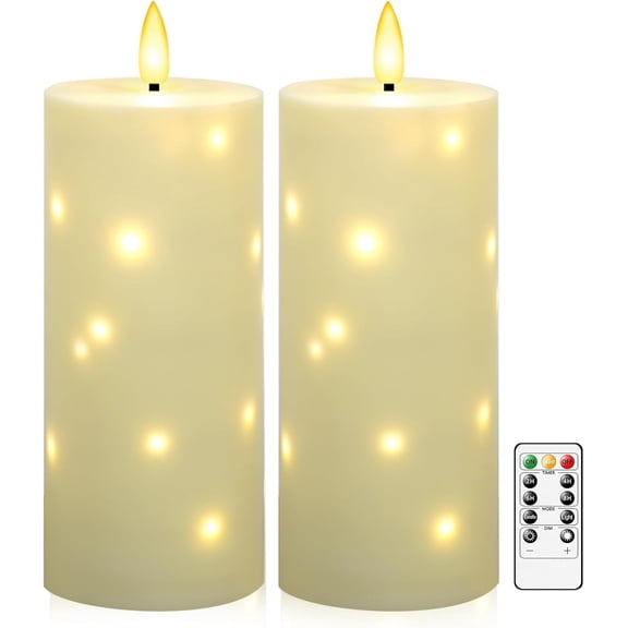 10" x 4" Large Outdoor Waterproof Flickering Flameless Candles with Timer,2Pcs Battery Operated LED Pillar Candles with Embedded Star String for Outdoor Lanterns,Porch,Patio Decor(Ivory)