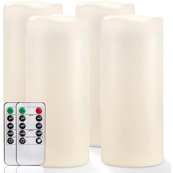 10" x 4" Waterproof Outdoor Flameless LED Pillar Candles with Remote, Timer, and Flicker Effect, Ivory White, 4 Pack Bestseling