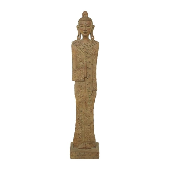10" x 48" Brown Polystone Indoor Outdoor Buddha Sculpture with Engraved Carvings and Relief Detailing, by DecMode