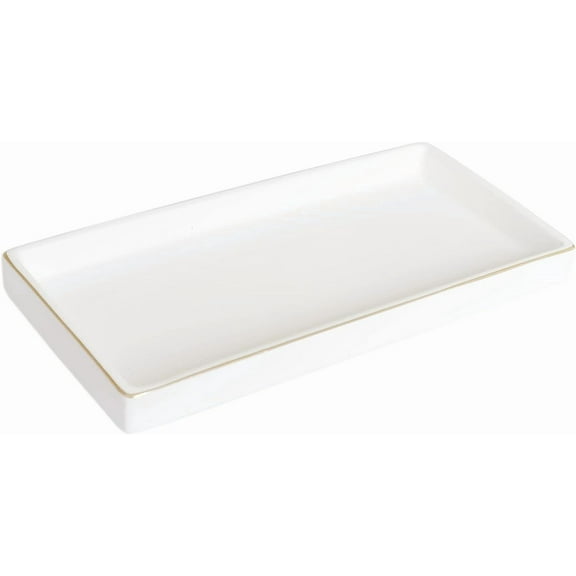 10 x 5 Ceramic Bathroom Tray for Countertop, Decorative Vanity Tray for Dresser Tops, Small Rectangular Trays for Perfume, Candle, Jewelry, Cosmetics (White)
