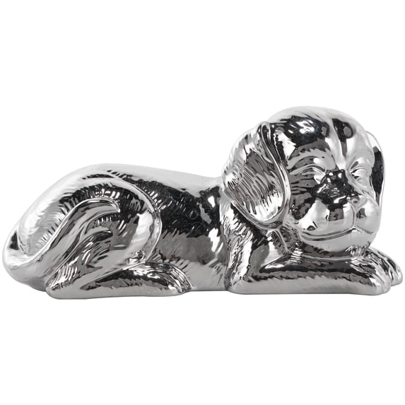 10" x 5" Silver Ceramic Laying Dog Sculpture with Matte Finish, by DecMode