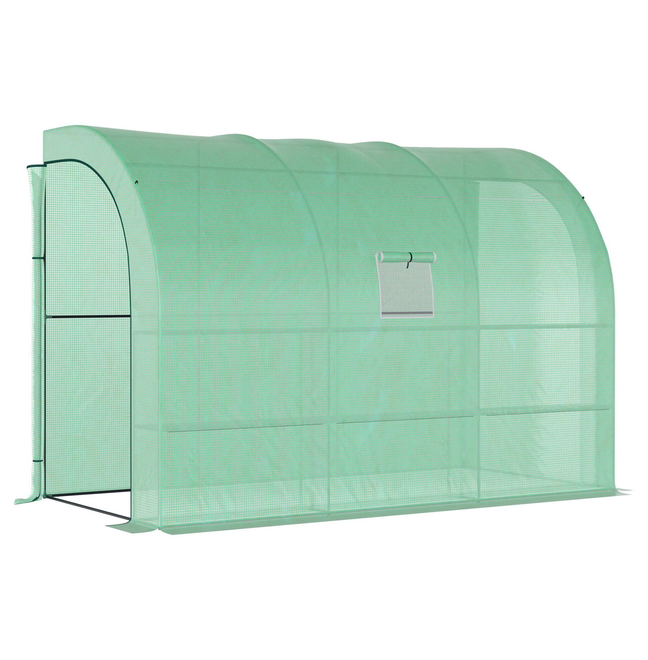 10' x 5' x 7' Lean to Greenhouse, Walk-In Green House, Plant Nursery with 2 Roll-up Doors and Windows, PE Cover and 3 Wire Shelves, Green
