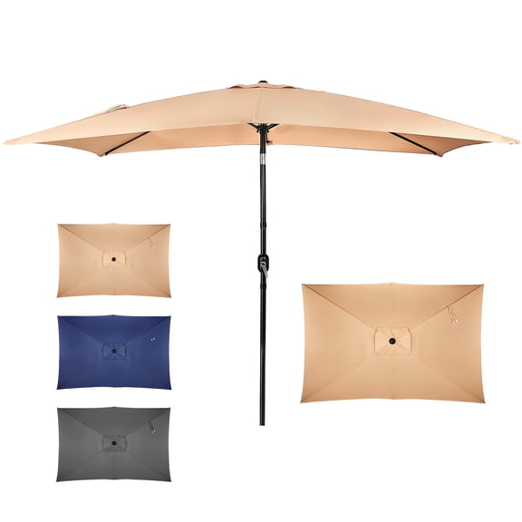 10 x 6.5 FT Khaki Square Patio Umbrella Adjustable Tilt Outdoor Market Sun Shade with 6 Iron Ribs & Iron Pole Waterproof Polyester Canopy for Garden Backyard Poolside