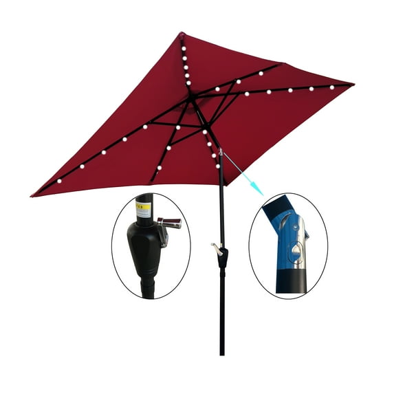 10 x 6.5 FT Rectangular Patio Umbrellas with 26 Solar LED Light, Market Table Waterproof Umbrellas Sunshade with Crank and Push Button Tilt Patio Hanging Umbrella for Garden Deck Pool, Burgundy