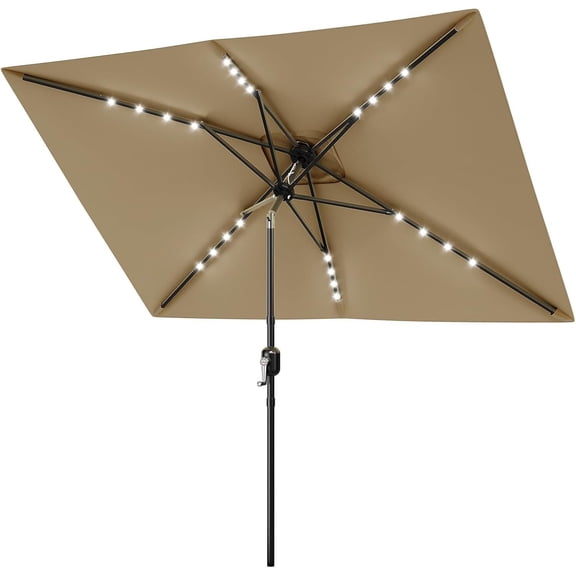 10' x 6.5' Solar Rectangular Patio Umbrella with Lights, Outdoor Table Umbrella with Crank and Push Button Tilt, Market Umbrella with 6 Sturdy Ribs Tilt for Garden, Deck, Lawn, Pool, Tan