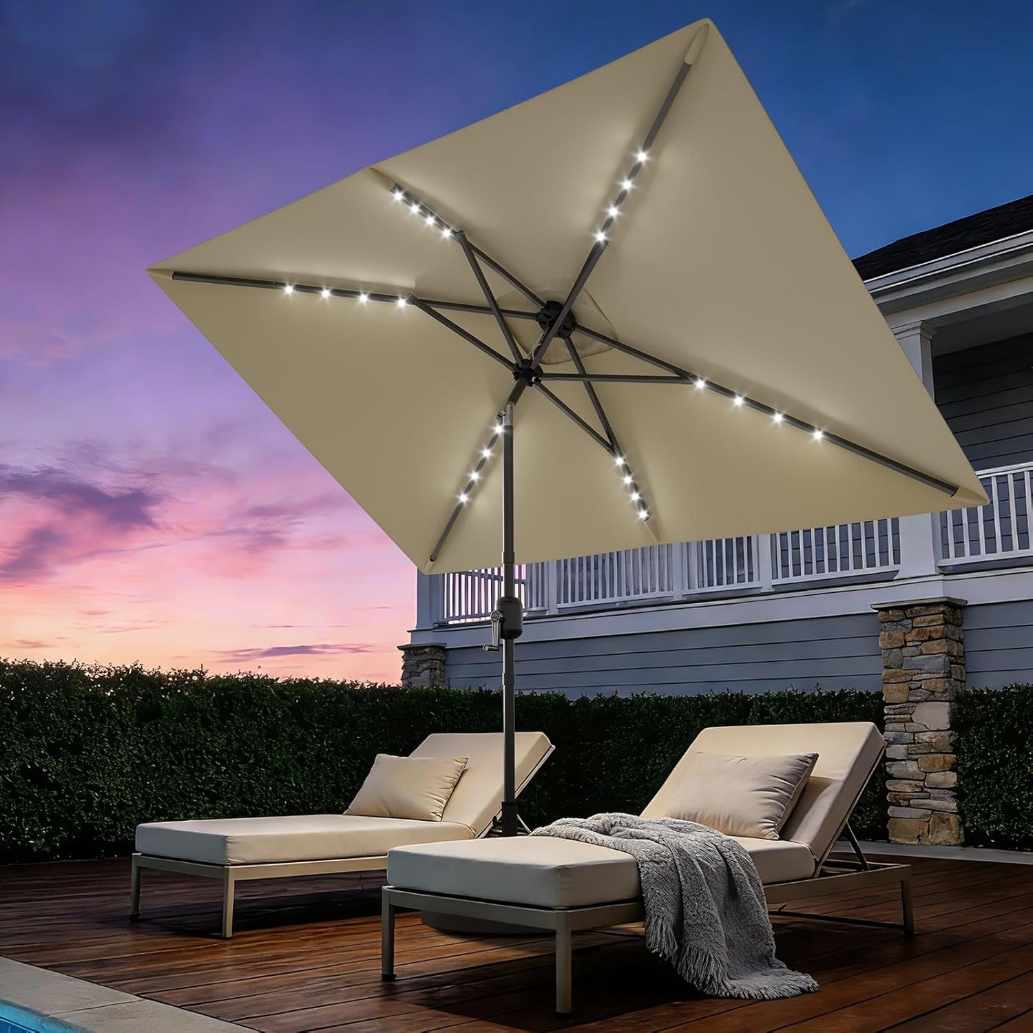 10' x 6.5' Solar Rectangular Umbrella with Lights, Outdoor Table ...