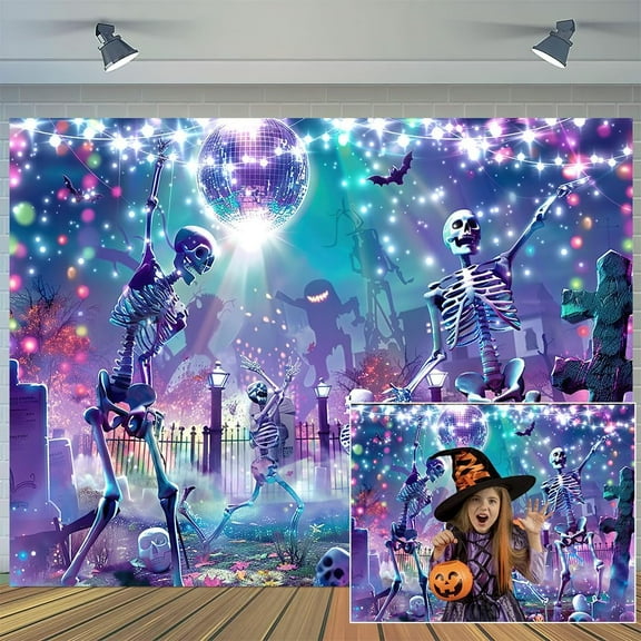10 x 6.5 ft Happy Halloween Dance Party Backdrop Hallowmas Retro 80s 90s Scary Cemetery Skull Theme Background Kids Adult Family Party Theme Banner Decor Halloween Photography Shoot Props