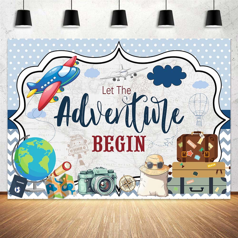 10 x 6.5 ft Let The Adventure Begin Backdrop Blue World Map Travel Around The World Cute Airplane Baby Shower Background Newborn Decoration Supplies Photo Shoot Studio Props
