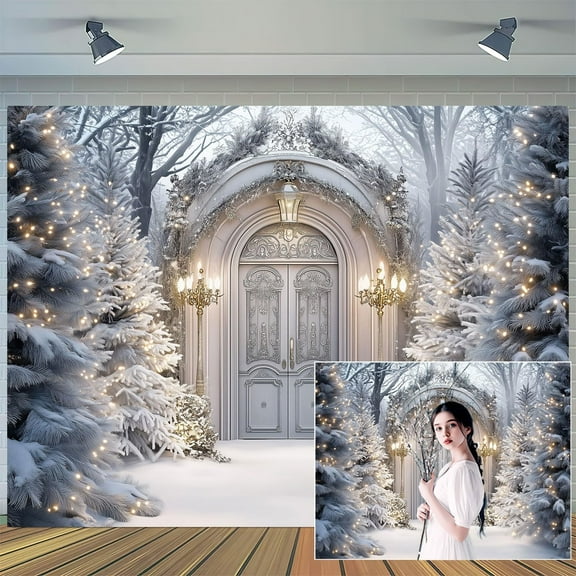 10 x 6.5 ft Winter Christmas Night Backdrop Fairy Winter Wonderland Arch Door Snowing Forest Pine Trees Flashing Lights Xmas Photography Background Pine Trees Xmas Party Banner Photo Studio Props