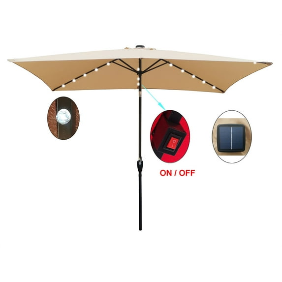10 x 6.5Ft Rectangular Patio Umbrella with Solar LED Lighted,Sunshade with Crank and Push Button Tilt,Outdoor Market Table Umbrellas for Garden Deck Backyard Pool Shade Outside Deck,Tan