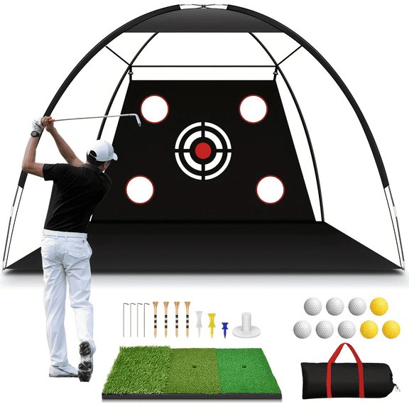 10 x 7 ft Golf Practice Net for Backyard Driving - All-in-1 Hitting Aid with Tri-Turf Mat, Indoor Chipping & Swing Training Net with Target/Balls/Tee/Bag, Golf Net for Men