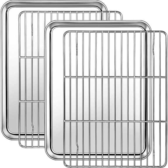 10" x 8" x 1" Toaster Oven Pan with Rack Set, Small Baking Pans Tray Stainless Steel with Cooling Rack Set of 4, Non-Toxic & Heavy Duty, Mirror Finish & Dishwasher Safe