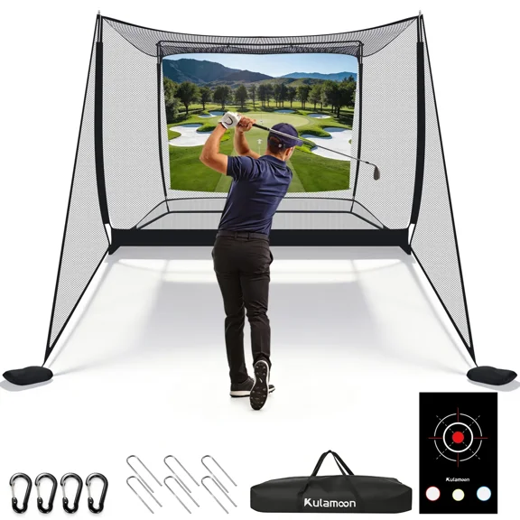 10' x 8' Golf Simulator Net Cage, Indoor Outdoor Golf Practice Enclosure with Impact Screen, Side Barriers & Target Cloth, Heavy-Duty Golf Hitting Net for Garage, Backyard & Driving Range