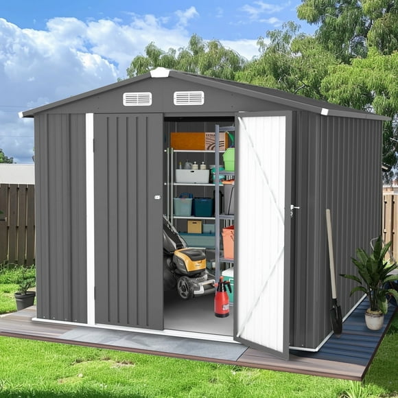 8'x 10' Large Storage Shed for Outside, Sesslife Metal Storage House with Lockable Door, Garden Storage Shed Pet House for Lawnmower, Garden Tools, Bike, Garage