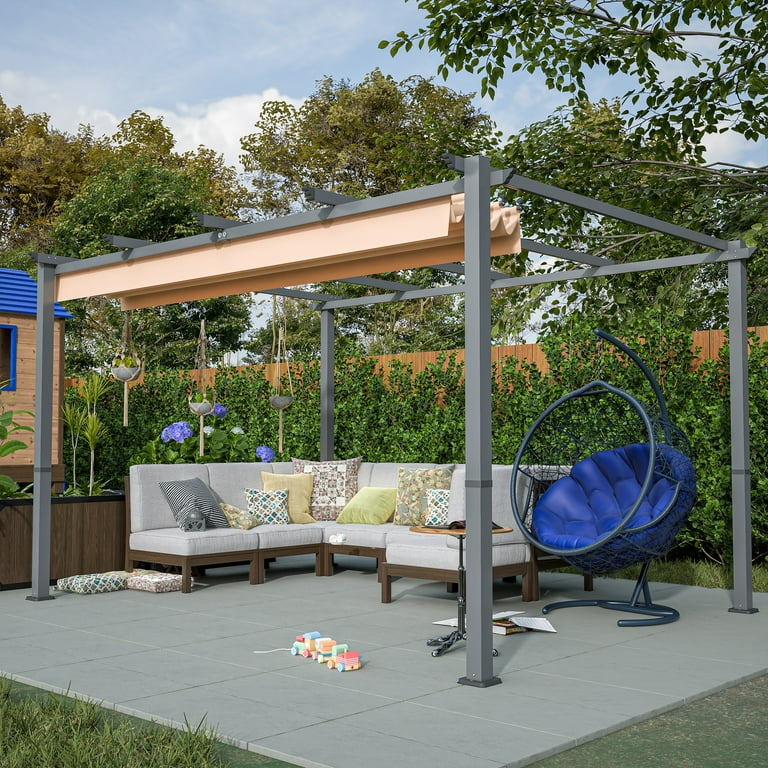 10 x 8 Metal Gazebo and Pergola Retractable Pergola with Canopy Sun Shelter Outdoor Pergola for Backyard Garden Patio Brown Beige