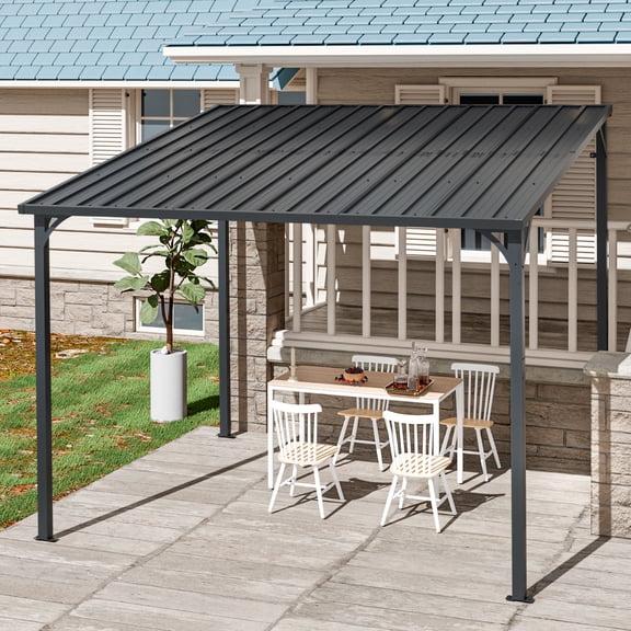 10' x 8' Outdoor Pergola for Patio, Wall-Mounted Lean-To Pergola with Galvanized Steel Roof, Heavy-Duty Metal Pergola Shelter for BBQ, Backyard & Family Gatherings, Black