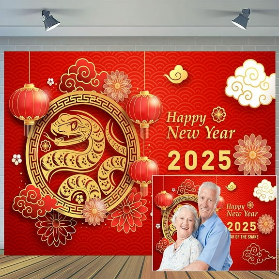10 x 8 ft 2025 Happy New Year Backdrop Red Chinese Year of The Snake Photo Background Spring Festival Lantern Fortune Flowers Auspicious Cloud Family Portrait Celebration Decor Studio Props