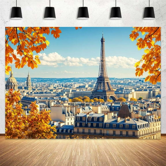 10 x 8 ft Autumn Eiffel Tower Backdrop Fall France Paris City Yellow Maple Leaves Photo Background Wedding Baby Shower Travel Portrait Photoshoot Video Studio Photo Props