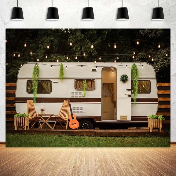10 x 8 ft Camping Backdrop RV Theme Adventure Camper Background Spring Forest Scenery Kids Photography Backdrop Polyester for Baby Shower Birthday Party Photo Studio Props Decor