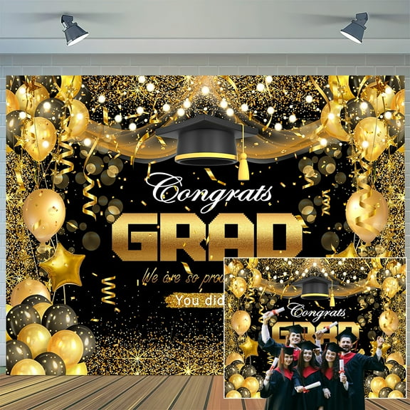 10 x 8 ft Congrats Graduation Backdrop Black Gold Glitter Balloons Celebrating Class of 2025 Party Background Graduate Party Ceremony Portrait Deocrations Props Banner