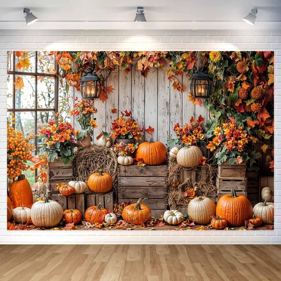 10 x 8 ft Fall Backdrop Autumn Pumpkin Rustic Wooden Floor Barn Harvest Family Holiday Photo Background Maple Leaves Thanksgiving Photoshoot Portrait Photo Backdrops Decorations