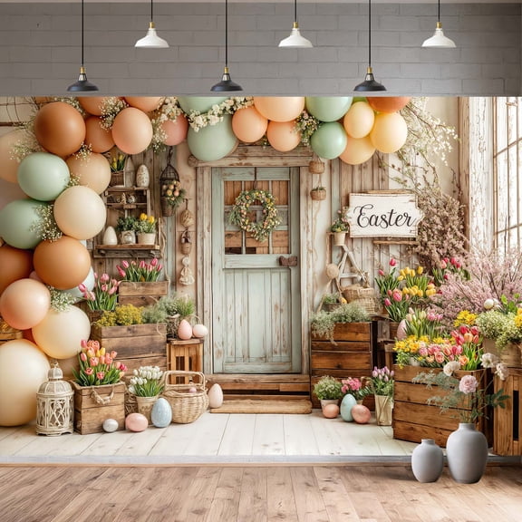 10 x 8 ft Happy Easter Spring Photo Backdrop Party Decorations, Spring Easter Eggs Floral Balloons Wooden Doors Backdrops for Background Photo Banner Props