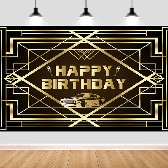 10 x 8 ft Luxurious Photography Backdrop, Luxury Geometric 1920s Black and Gold Happy Birthday Party Background Backdrop Banner for Photography or 20's Bday Party Decoration