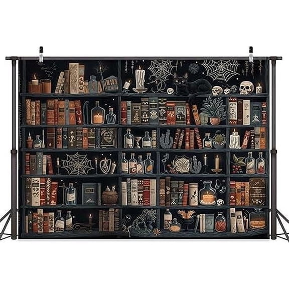 10 x 8 ft Medieval Gothic Bookshelf Backdrop Halloween Magic Theme Dark Academy Library Party Decorations Medieval Skull Black Cat Photography Background Photo Studio Photography Props