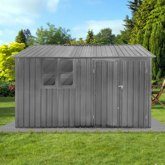 10 x 8 ft. Outdoor Garden Sheds, Metal Storage Tool Shed with Window, Lockable Doors, Outside Storage Shed for Storing Bicycles, Lawnmowers, Barbeques and Garden Tools, Grey