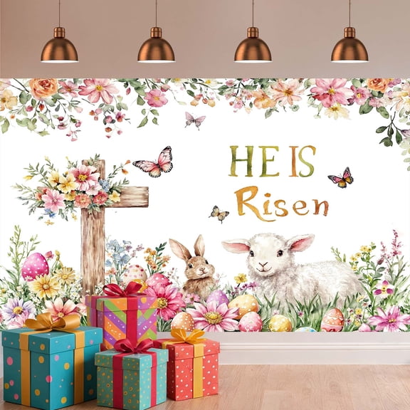10 x 8 ft He is Risen Easter Party Backdrop Decorations, Spring Easter Eggs Lamb Bunny Jesus Resurrection Cross Religious Christian Background Banner Photo Props