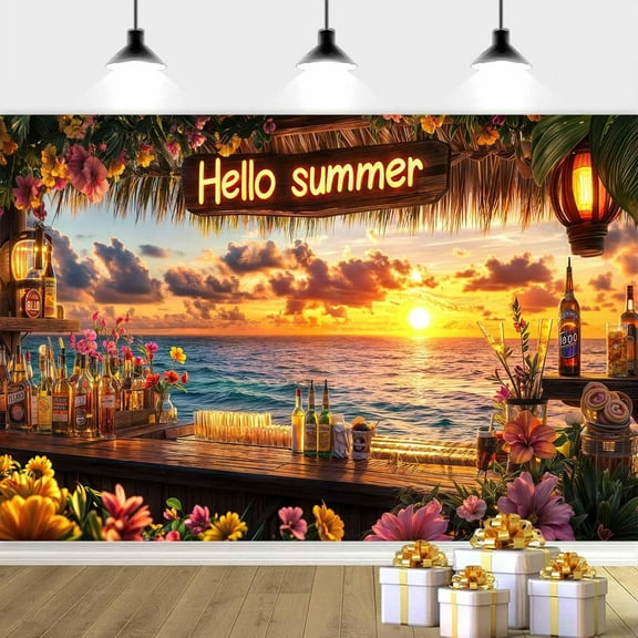 10 x 8 ft Summer Photography Backdrop, Beach Bar Backdrop Tropical Bar Birthday Photo Background Decor, Summer Beach Hawaiian Photography Background Party Birthday Banner Photo Studio Props,Color1