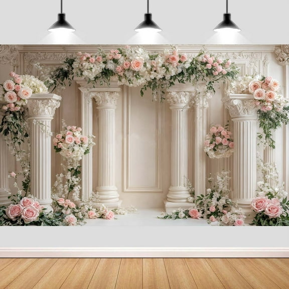10 x 8 ft Vintage Castle Floral Wall Backdrop Pink Rose Flower European Palace Mural Pillar Background for Wedding Bridal Shower Women Girls Birthday Party Decoration Photo Props