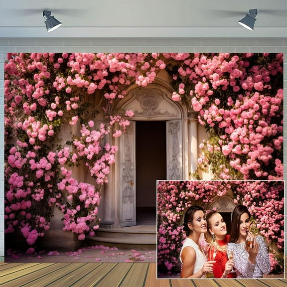 10 x 8 ft Wedding Pink Flowers Arch Door Photo Backdrop Photography Garden European Style Vintage Wedding Photography Background Wedding Engagement Photographic Bridal shower Banner Photocall Props