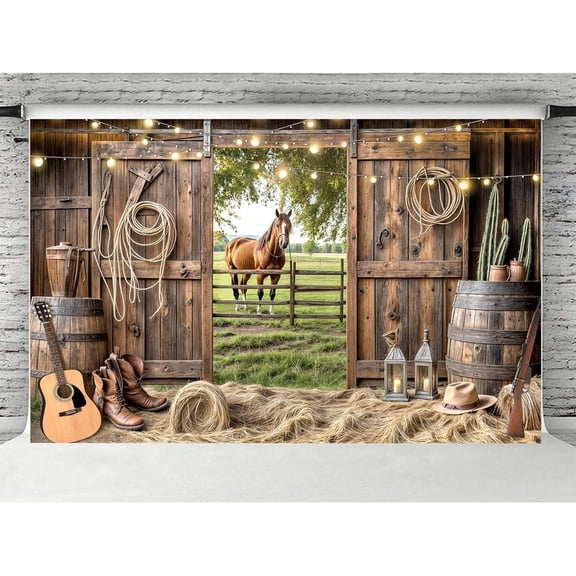 10 x 8 ft Western Backdrop, Wild West Cowboy Theme Background, Rustic Barn Door Backdrop Horse Cowboy Happy Birthday Backdrop Western Party Decoration Banner