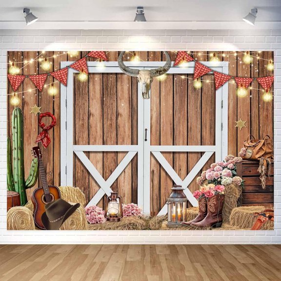 10 x 8 ft Western Cowgirl Backdrop Brown Western Cowboy Photography Backdrop, Rustic Wooden House Barn Background Wild West Barn Door Background Birthday Party Banner for Kids Adult, Brown