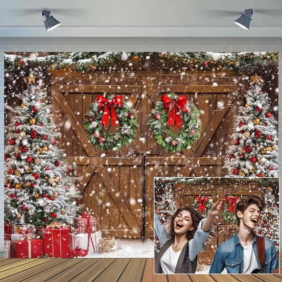 10 x 8 ft Winter Christmas Backdrop Christmas Rustic Barn Wood Door Xmas Tree Snowflake Gifts Decoration Background Celebrate Christmas Holiday Party Decor Banner Photo Shoot Props