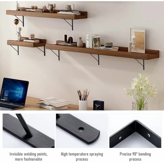 10 x 8 in Shelf Brackets, 90 Degree Triangle Wall Mount Angle L Bracket for Floating Shelves, Metal Support w/ Screws, 10 Pack Black