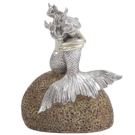 10 x 8 x 5 in. Contemplative Mermaid on a Rock Sculpture, Silver
