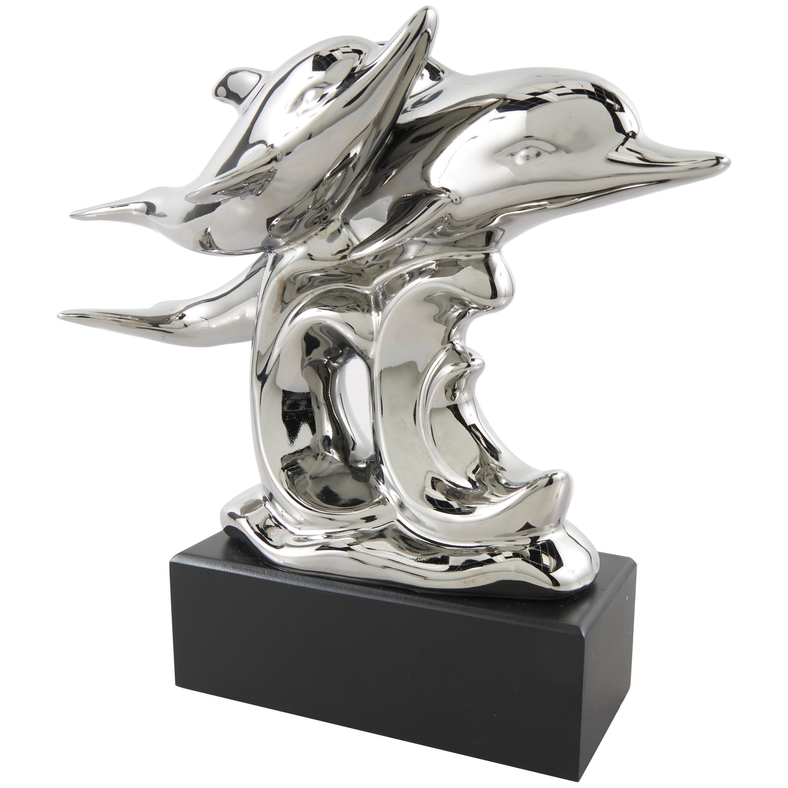 10" x 9" Silver Ceramic Dolphin Sculpture with Black Block Base, by DecMode