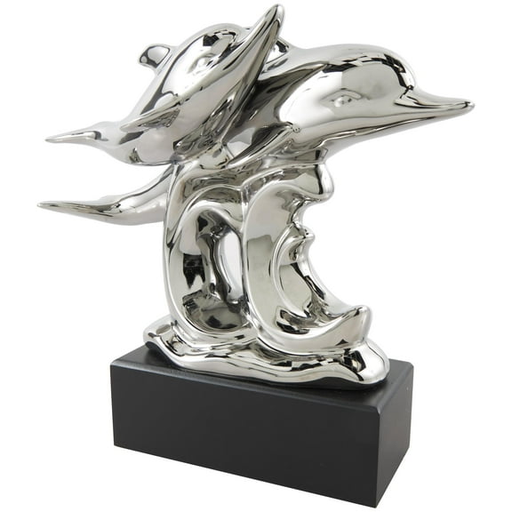 10" x 9" Silver Ceramic Dolphin Sculpture with Black Block Base, by DecMode