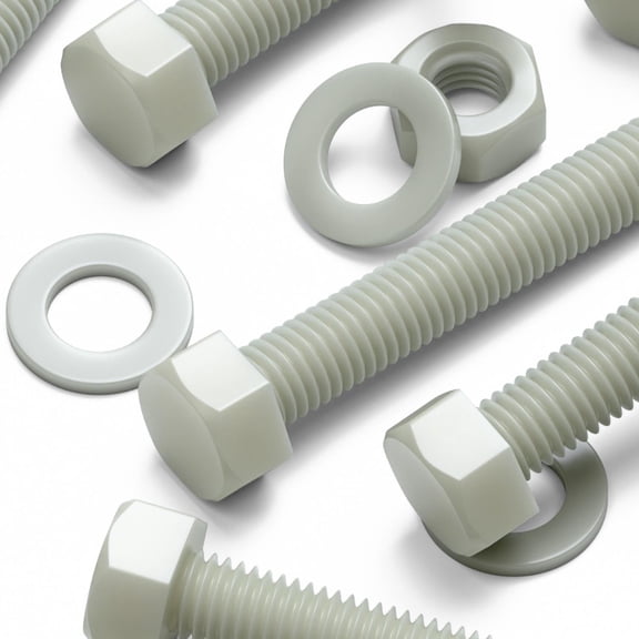 10 x Glass Filled Reinforced, Super Nylon Hex Head, M10 x 60mm, Machine Screws, Plastic Nuts and Bolts, Washers, (25/64 x 2 23/64 in)