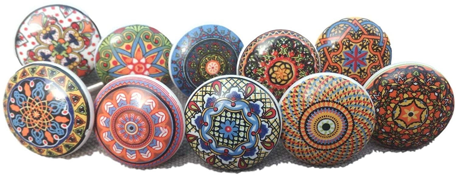 Multicolor Round Ceramic Knobs with Chrome Hardware