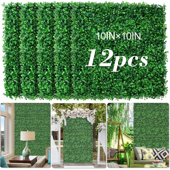 10"x10" 12Pcs Artificial Grass Wall UV-Anti Boxwood for Outdoor | 8.4sqft Grass Wall Panels Weatherproof Boxwood Hedge, Privacy Greenery Screen for Outdoor , Garden Fence Backdrop