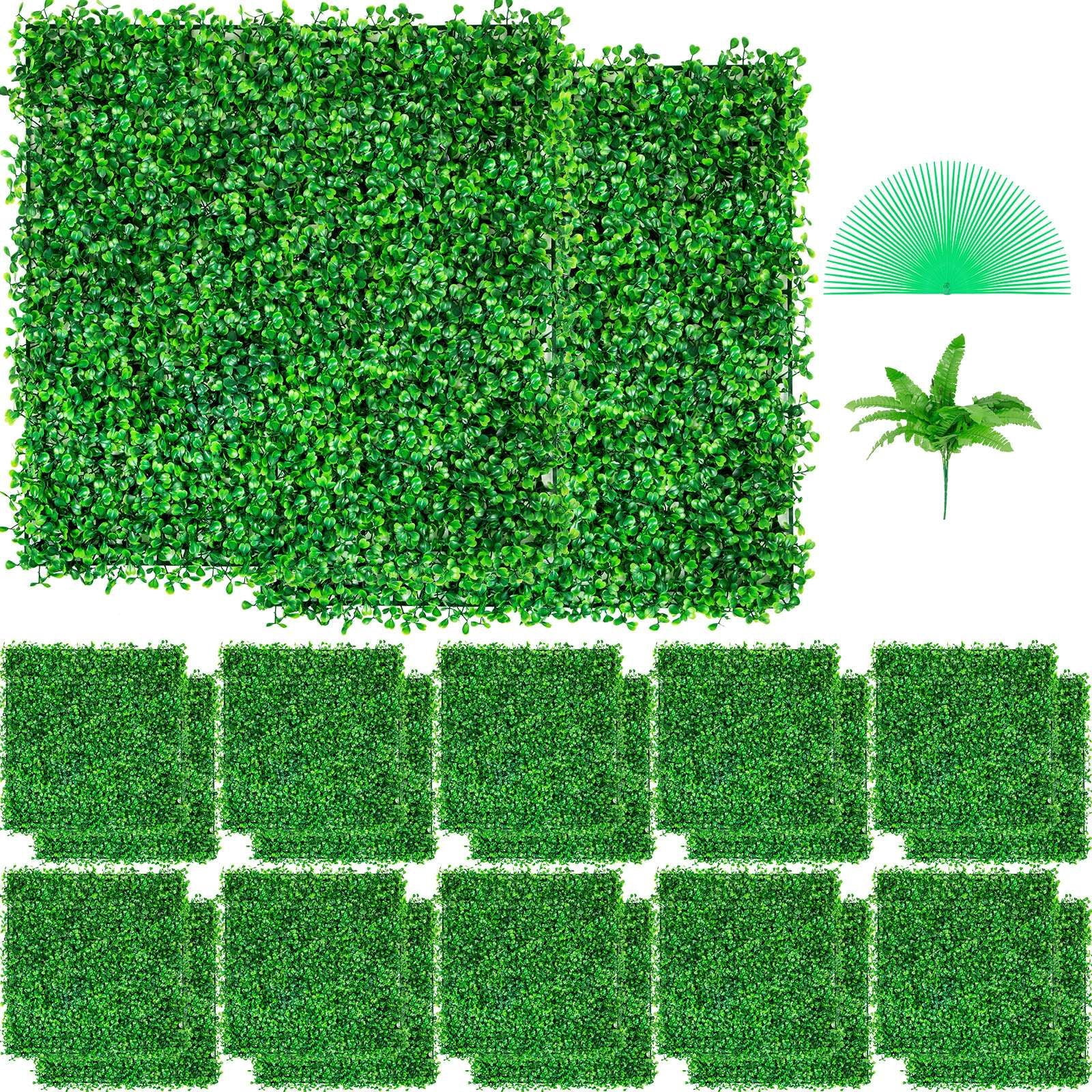 10''x10'' Artificial Boxwood Hedge Panels 24PCS, 1.6" Thick PE Green Grass Wall with Interlocking Connectors Zip Ties, Privacy Foliage Backdrop for Indoor Outdoor Garden Wedding Decor