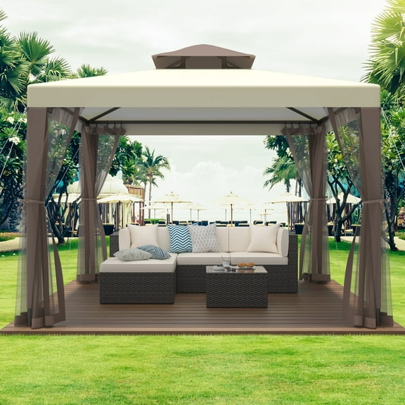 10'x10' Gazebo Outdoor Canopy Tent with Curtains and Shelter for Patio,Beige