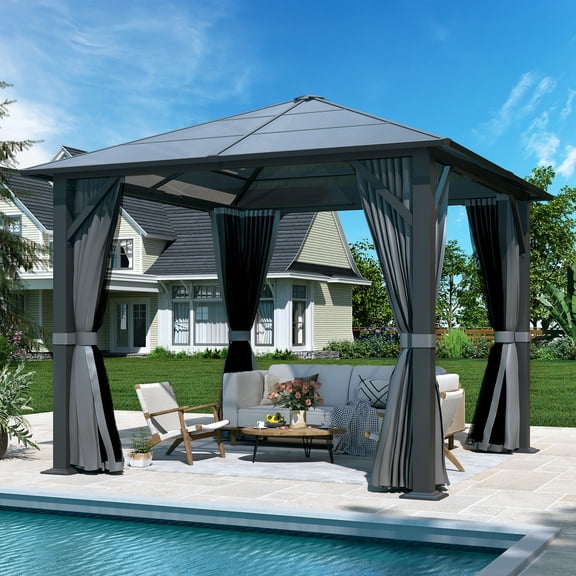 10'x10' Hardtop Gazebo, Outdoor Polycarbonate Roof Gazebo Metal Frame Permanent Pavilion with Netting & Curtains for Garden, Patio, Lawns