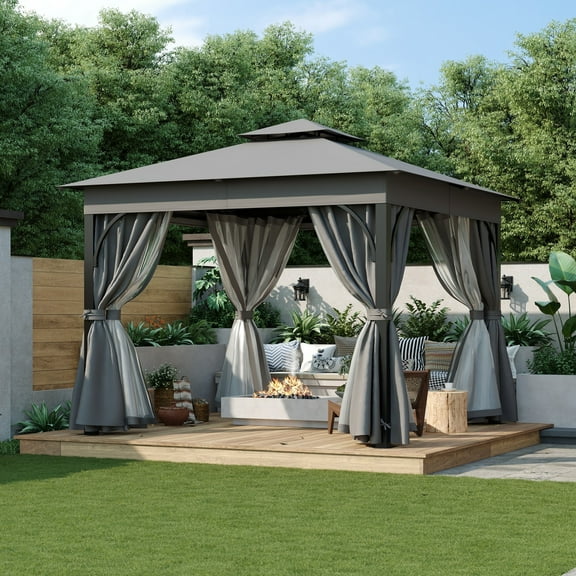 10'x10' Outdoor Gazebo,Patio Gazebo with Mosquito Netting and Privacy Screens for Backyard, Garden, Lawn and Deck,Grey
