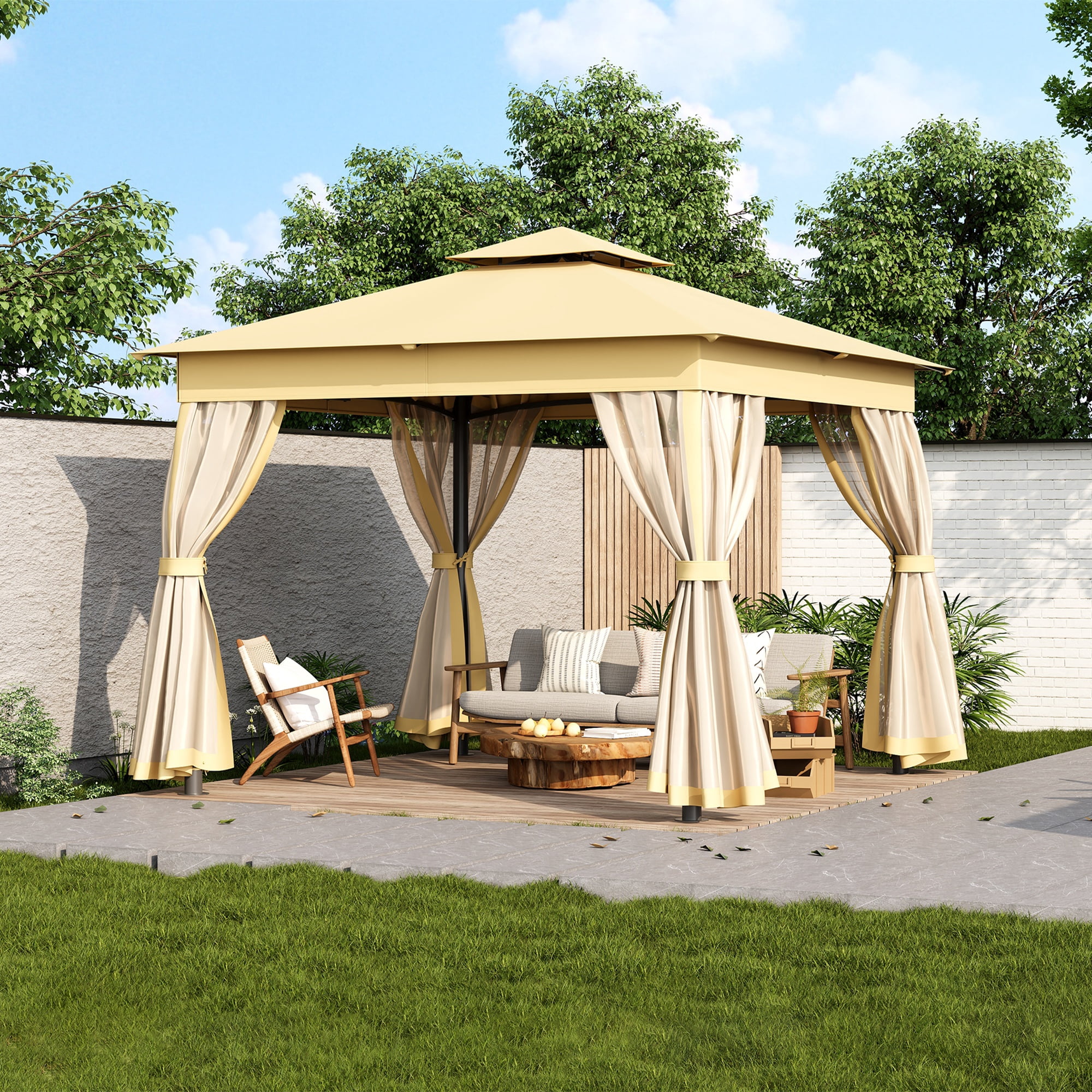 10'x10' Outdoor Gazebo Tent with Double Roofs, Patio Gazebo with Mosquito Netting, Patio Canopy for Backyard, Garden, Lawn and Deck,Beige