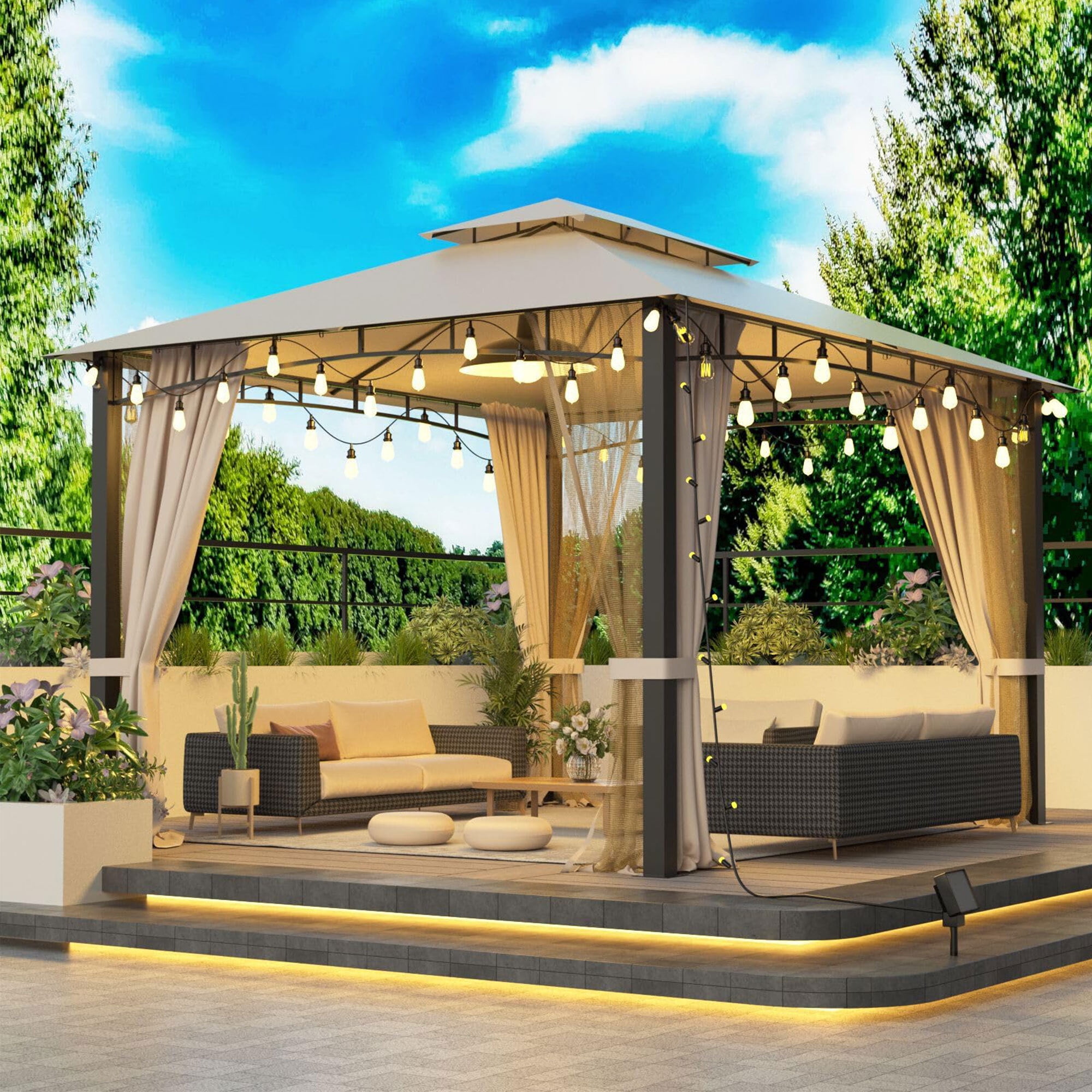 10x10 Beige Metal Patio Gazebo with Canopy and Curtains